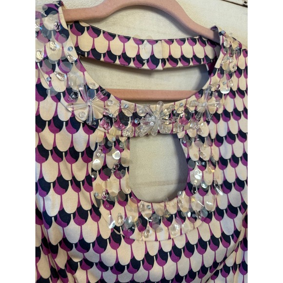 Nanette Lepore Beaded Keyhole Dress Purple White Geometric Print Sleeveless 12 - Picture 7 of 8